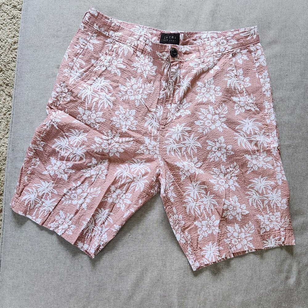 Jachs NY Pink Tropical Print Seersucker Short, 31"